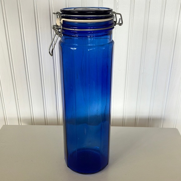 Kitchen Cobalt Blue Glass Cylinder Storage Jar With Wire Clamp Hinged